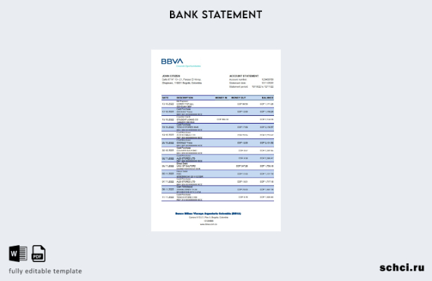 цифровая загрузка шаблона Excel банковской выписки Колумбии BBVA